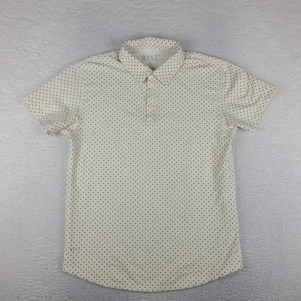BYLT Premium Basics Lux Polo Shirt Mens Large Beige Black Polka Dot Performance